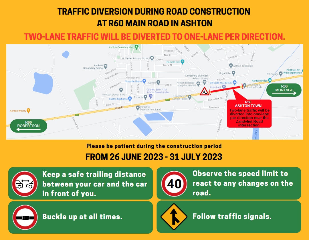 R60 Road in Ashton traffic divertion